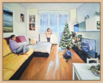 Zimski praznici – family by a lit Christmas tree in a sunny living room, original oil painting by Ivana Barišić Tomšić