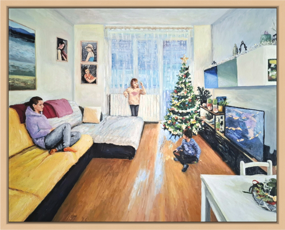 Zimski praznici – family by a lit Christmas tree in a sunny living room, original oil painting by Ivana Barišić Tomšić