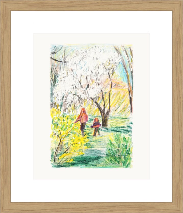Two small figures walking through a park with blossoming trees and yellow forsythia – framed coloured-pencil drawing by Ivana Barišić Tomšić