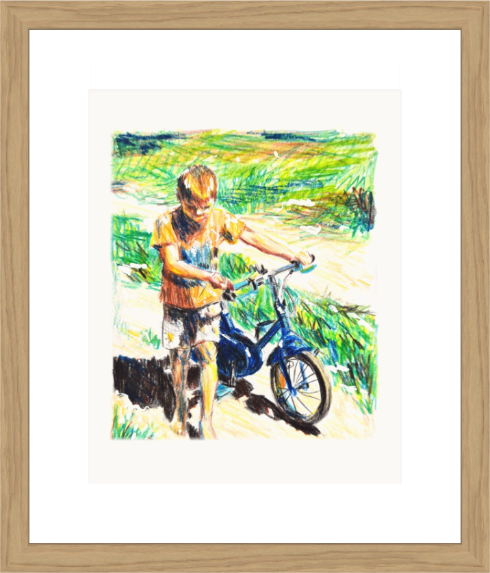 Boy in an orange T-shirt pushing a blue bicycle along a sunlit path – framed coloured-pencil drawing by Ivana Barišić Tomšić