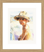 Boy in a straw sun hat turning to look at the viewer in summer light – framed coloured-pencil drawing by Ivana Barišić Tomšić
