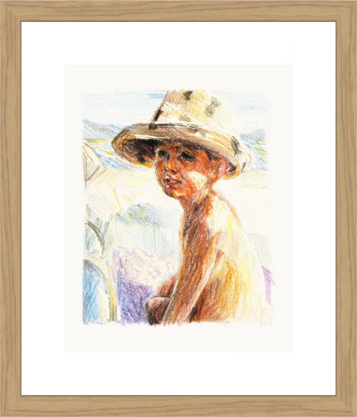 Boy in a straw sun hat turning to look at the viewer in summer light – framed coloured-pencil drawing by Ivana Barišić Tomšić