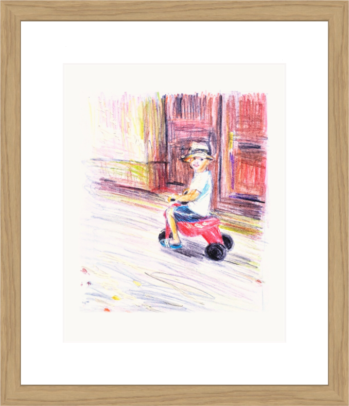 Small boy in a white sun hat riding a red tricycle down the street – framed coloured-pencil drawing by Ivana Barišić Tomšić