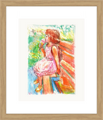Girl in a pink dress eating an ice cream on a red bench – framed coloured-pencil drawing by Ivana Barišić Tomšić