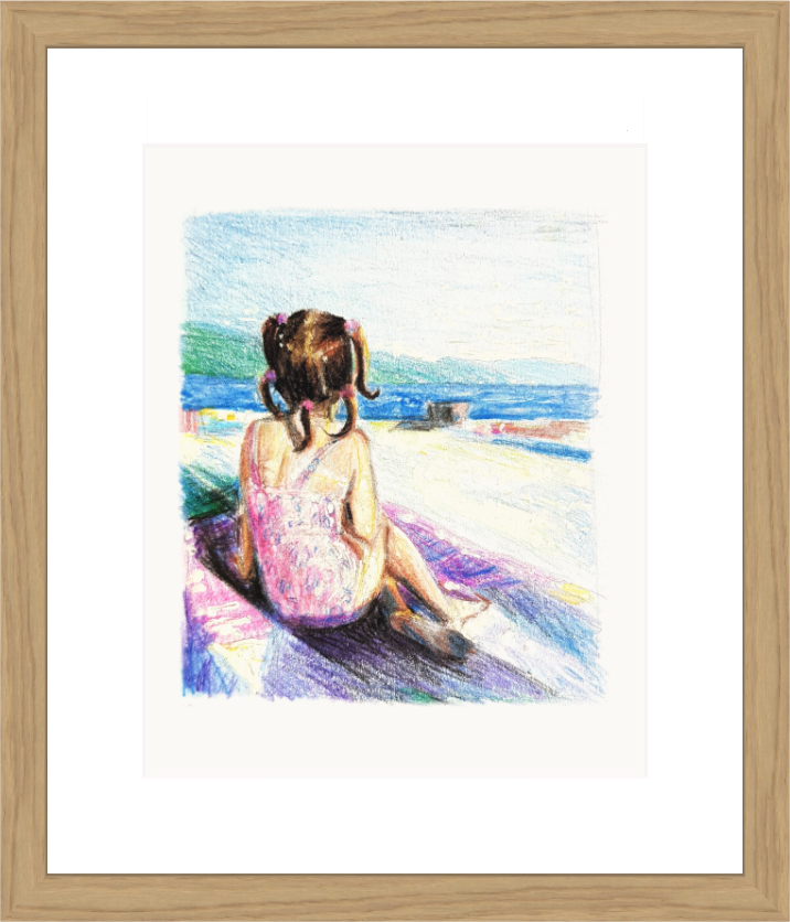 Little girl with pigtails sitting on a towel, gazing out at the sea – framed coloured-pencil drawing by Ivana Barišić Tomšić