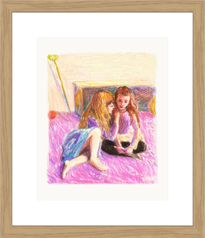 Two girls leaning close on a pink rug, sharing a secret – framed coloured-pencil drawing by Ivana Barišić Tomšić