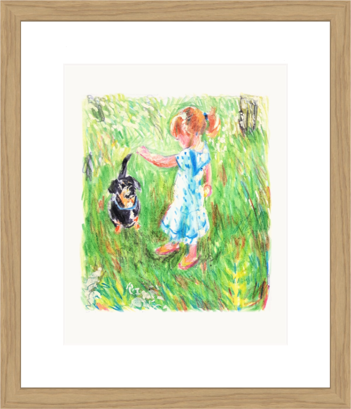 Little girl in a blue dress reaching out to a dachshund in tall summer grass – framed coloured-pencil drawing by Ivana Barišić Tomšić