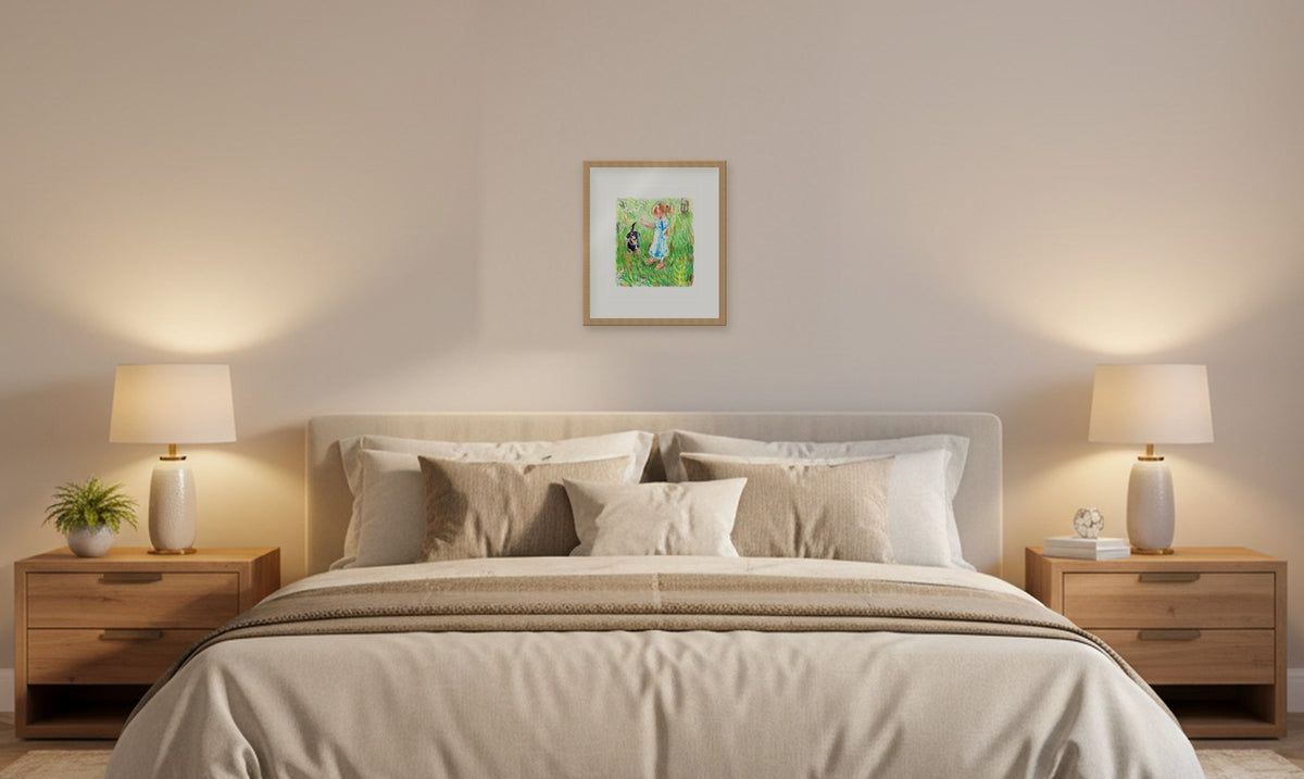 Djevojčica i pas – framed drawing (approx. 39 × 45 cm) shown at true scale above a double bed