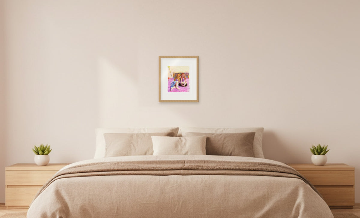 Tajna – framed drawing (approx. 39 × 45 cm) shown at true scale above a double bed