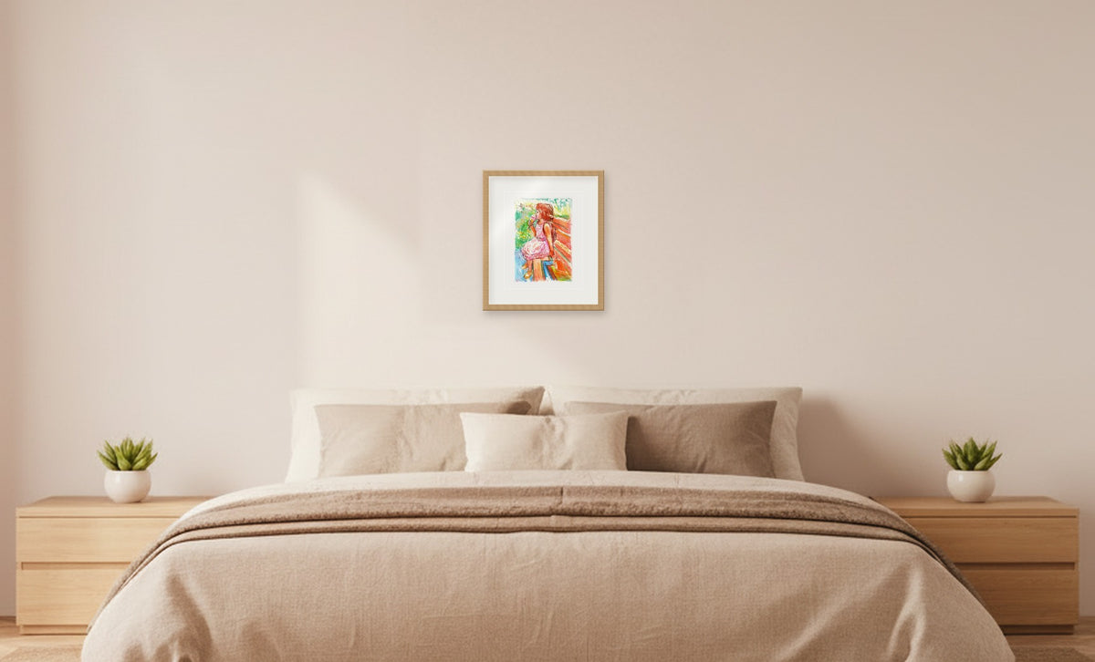Sladoled – framed drawing (approx. 39 × 45 cm) shown at true scale above a double bed