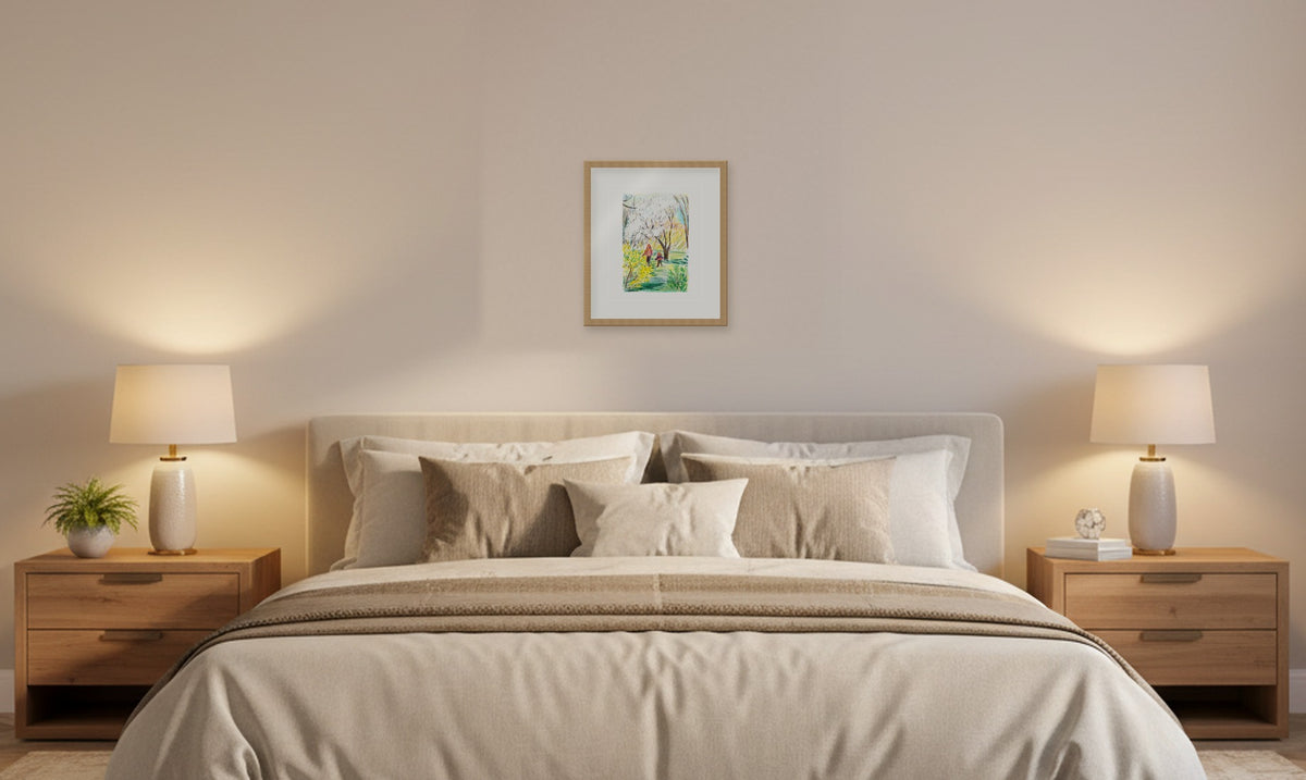 U proljeće – framed drawing (approx. 39 × 45 cm) shown at true scale above a double bed