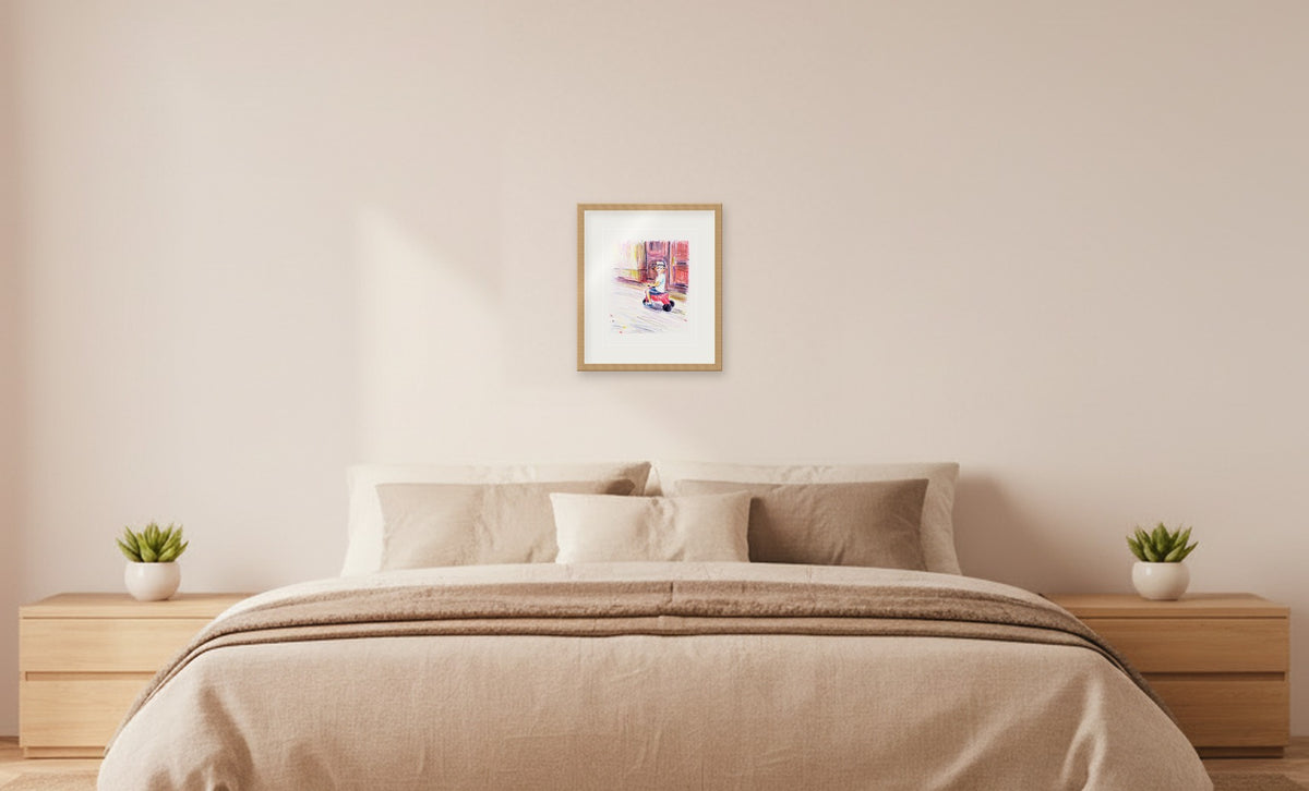 Junak svoje ulice – framed drawing (approx. 39 × 45 cm) shown at true scale above a double bed