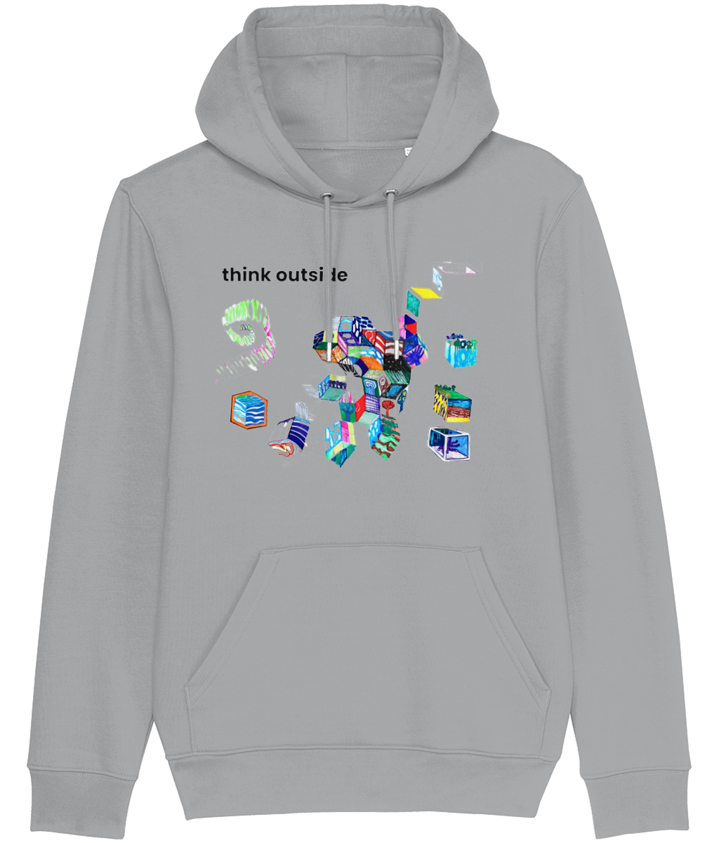 Think Outside organic cotton hoodie in Heather Grey – hand-drawn cubes filled with trees, waves, stripes and night skies