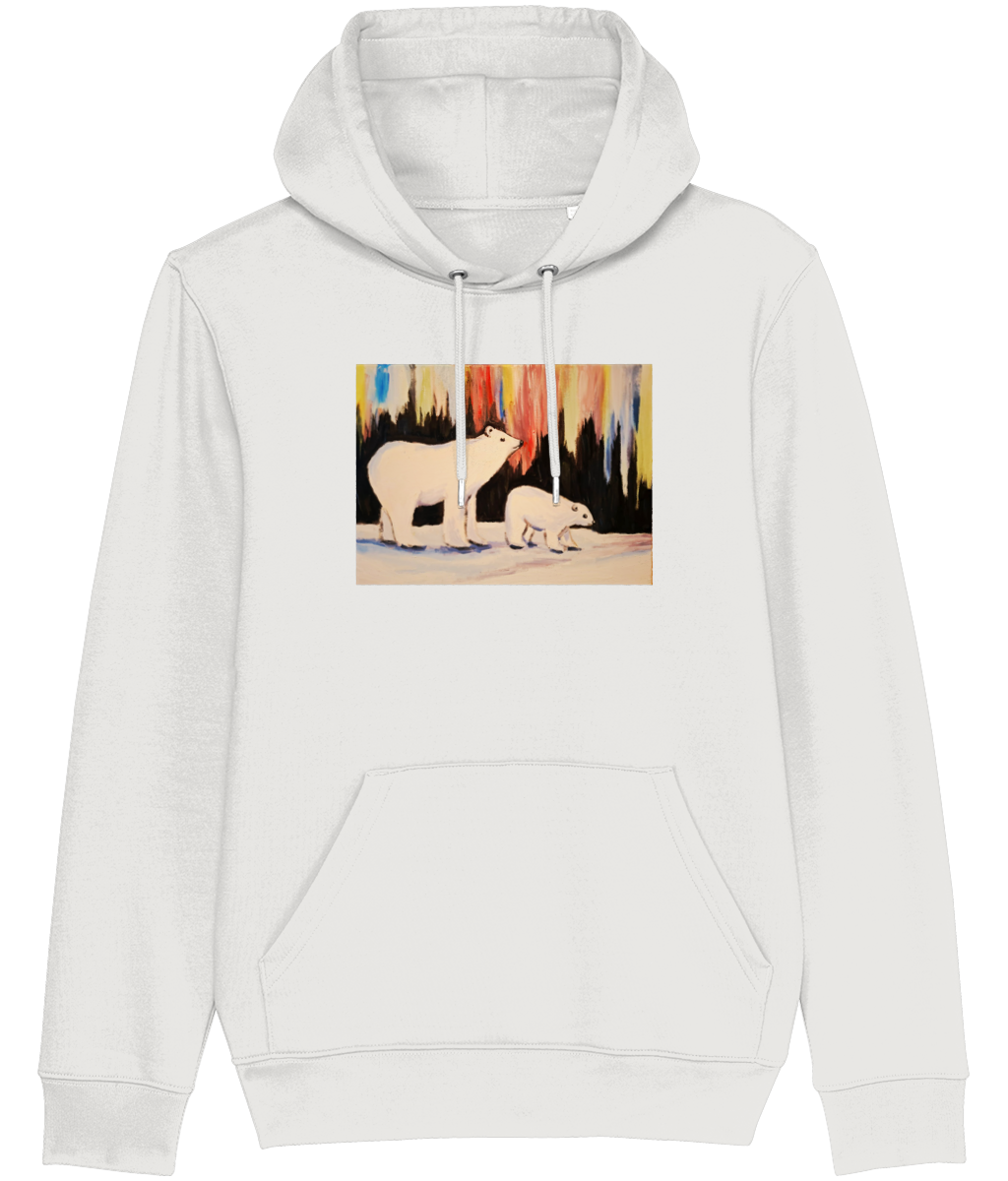 Bear Explorer organic hoodie in White – painting of two polar bears under northern-light colours