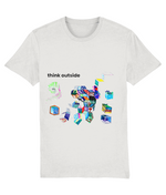 Think Outside organic cotton t-shirt in White – hand-drawn cubes filled with trees, waves, stripes and night skies