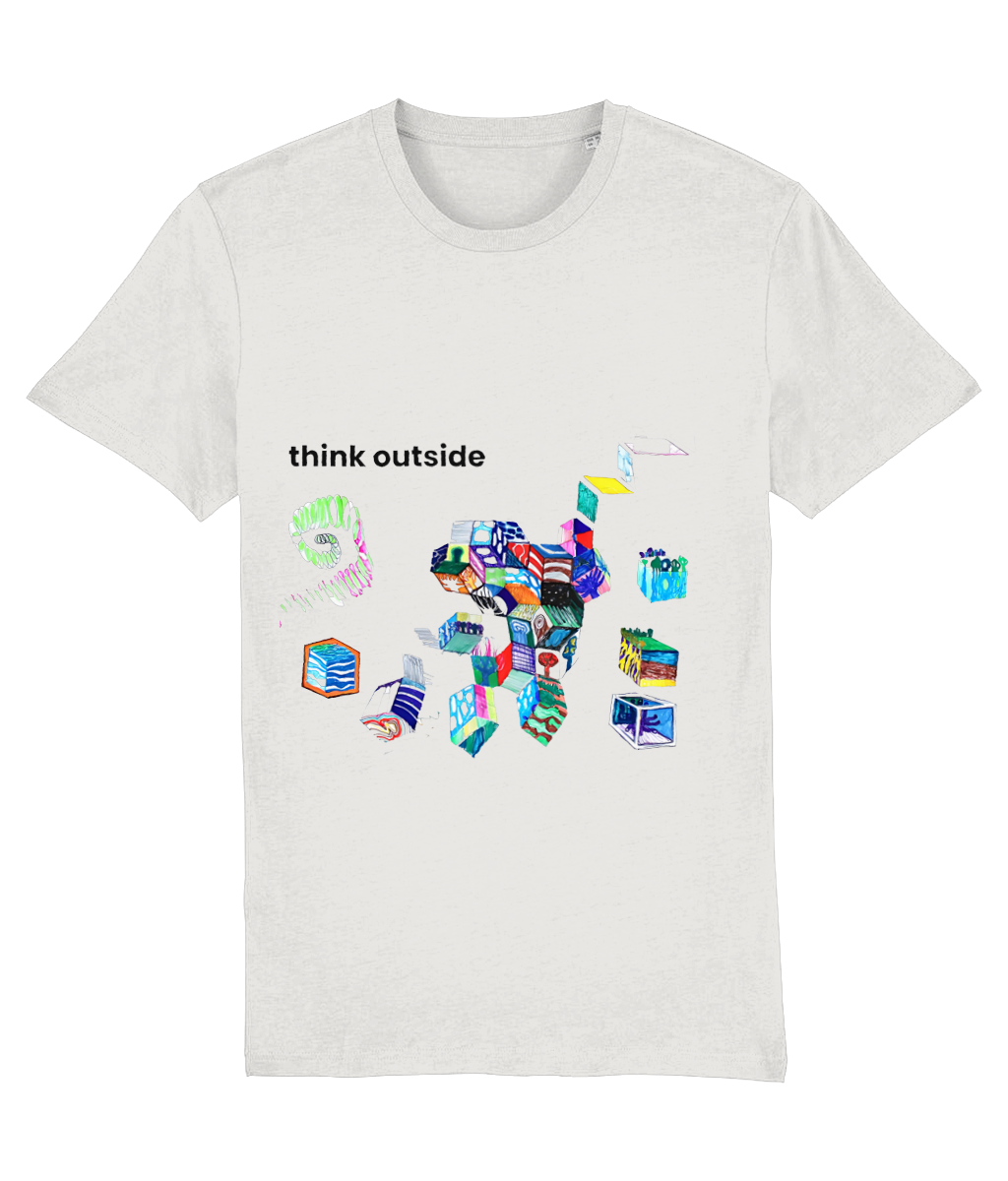 Think Outside organic cotton t-shirt in White – hand-drawn cubes filled with trees, waves, stripes and night skies