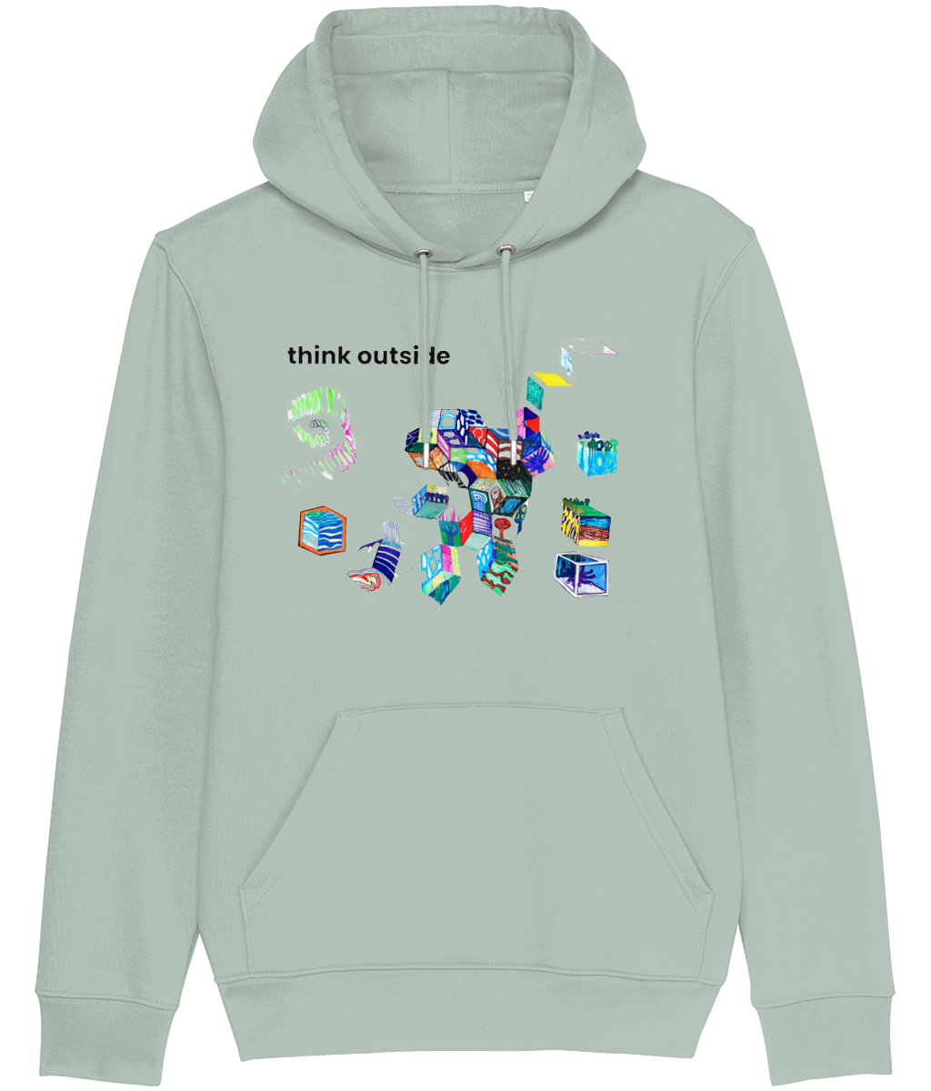 Think Outside organic cotton hoodie in Aloe green – hand-drawn cubes filled with trees, waves, stripes and night skies