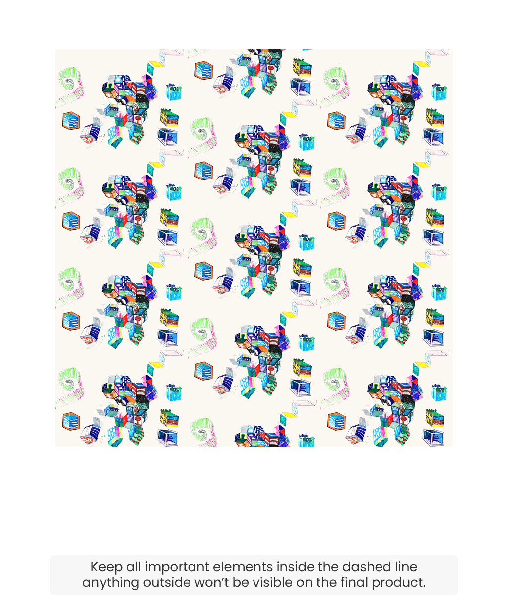 Think Outside square satin scarf 90×90 cm – hand-drawn cubes with trees, waves and night skies on a cream ground