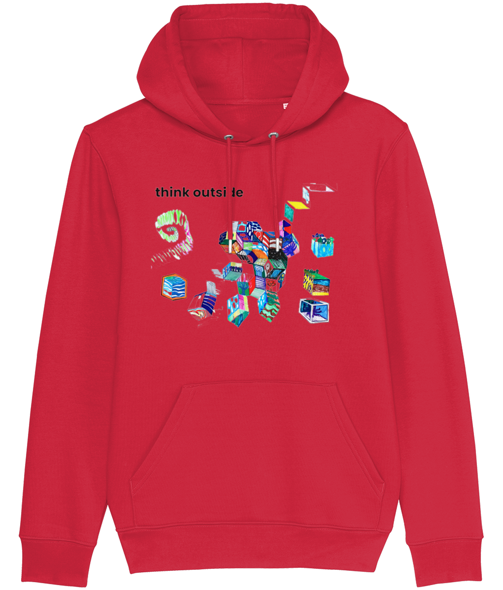 Think Outside organic cotton hoodie in Red – hand-drawn cubes filled with trees, waves, stripes and night skies