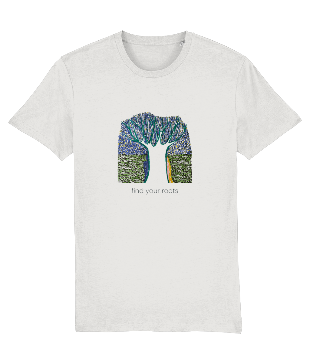 White Tree organic t-shirt in White – white tree with the line find your roots