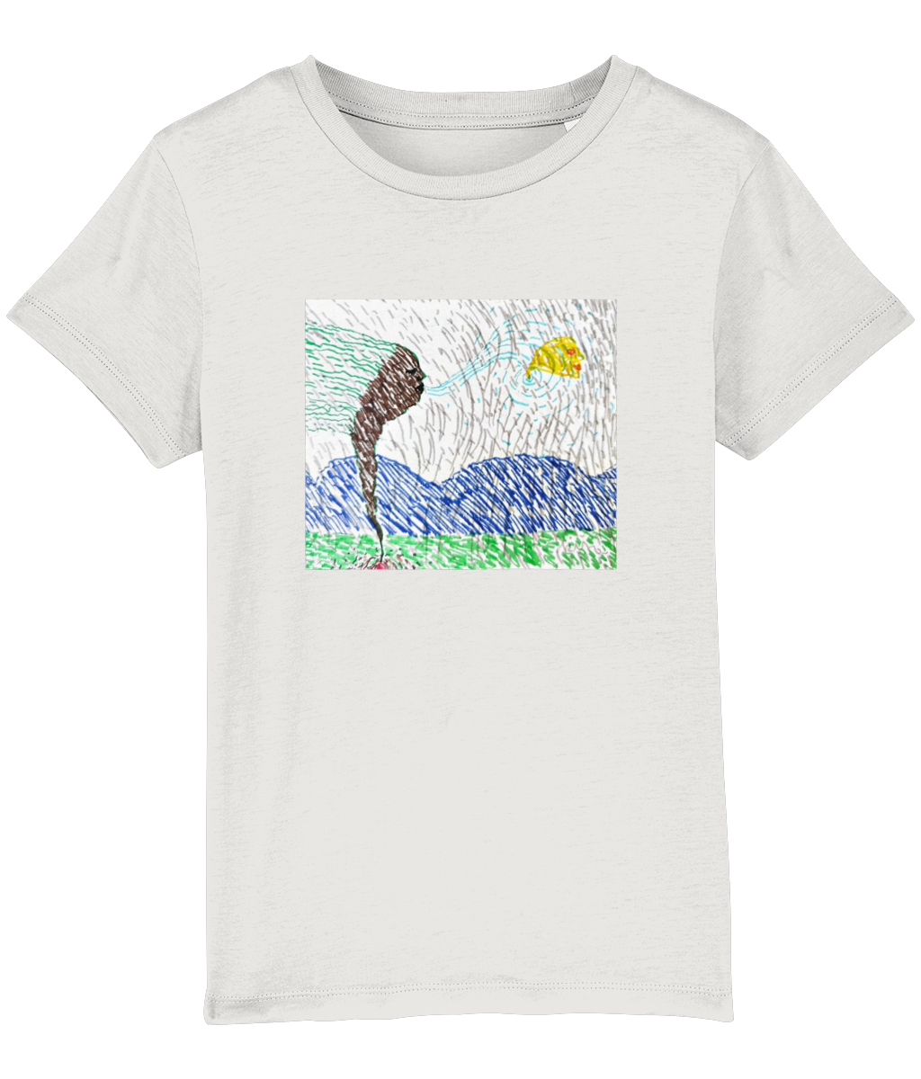 Wind kids organic t-shirt in White – wind bending a tree over blue hills