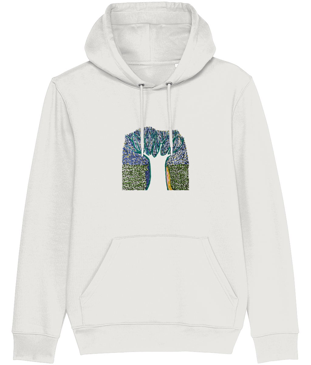 White Tree organic hoodie in White – white tree rising out of a meadow