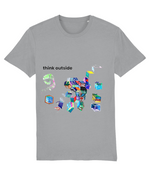 Think Outside organic cotton t-shirt in Heather Grey – hand-drawn cubes filled with trees, waves, stripes and night skies