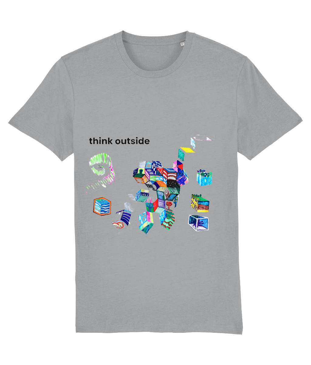 Think Outside organic cotton t-shirt in Heather Grey – hand-drawn cubes filled with trees, waves, stripes and night skies