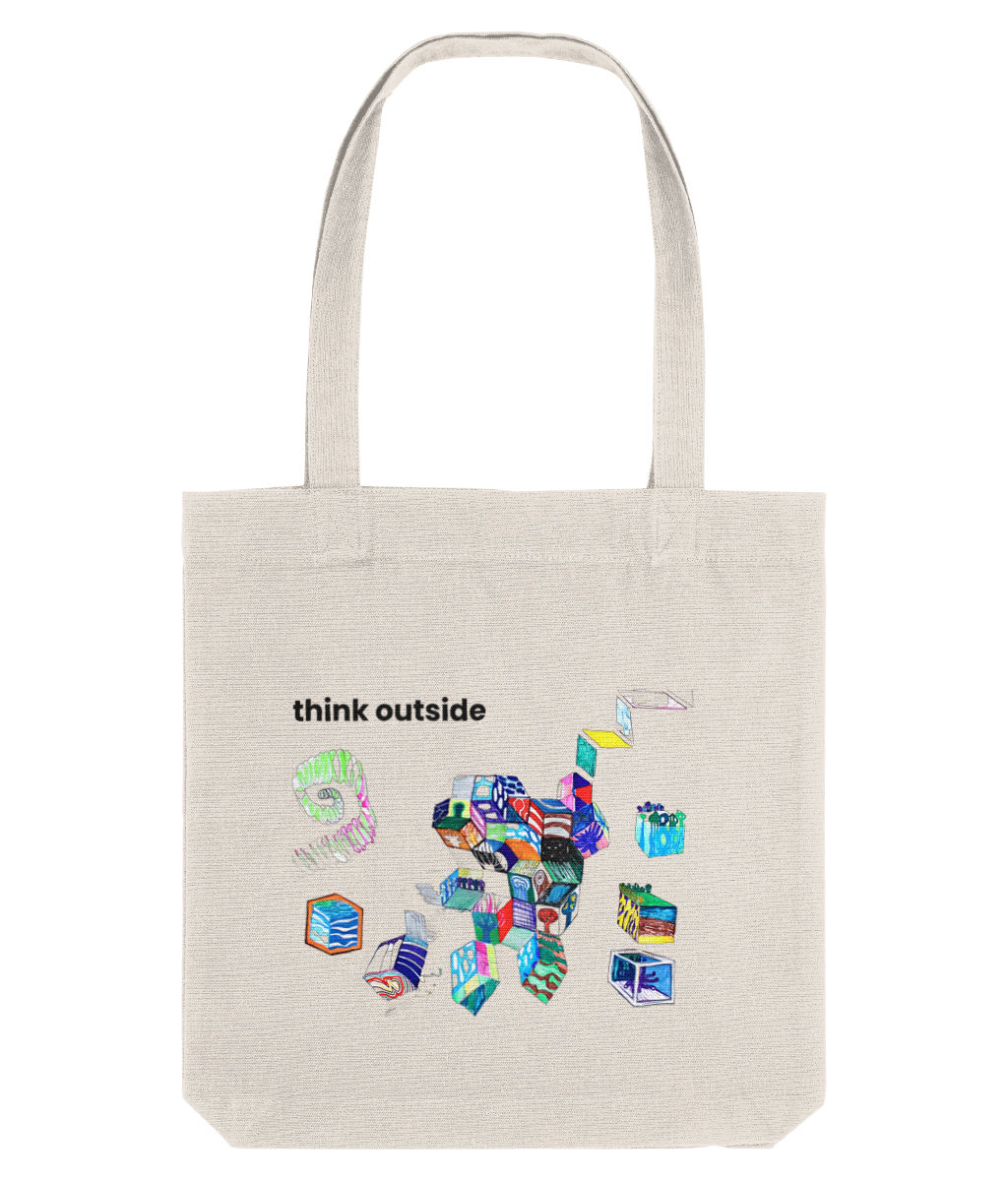 Think Outside recycled canvas tote bag in Natural – hand-drawn cubes pattern by Ivana Barišić Tomšić
