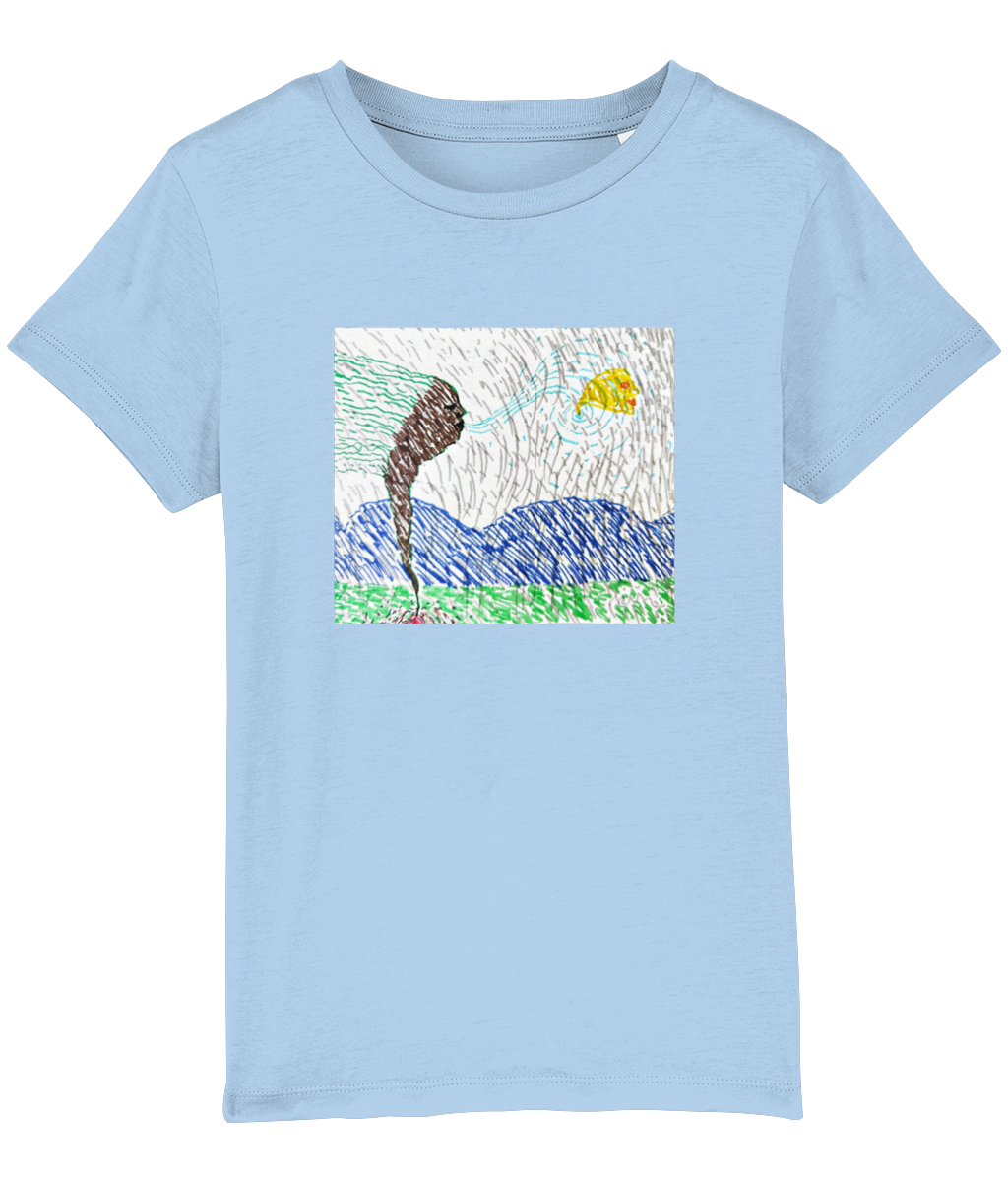 Wind kids organic t-shirt in Blue Soul – wind bending a tree over blue hills