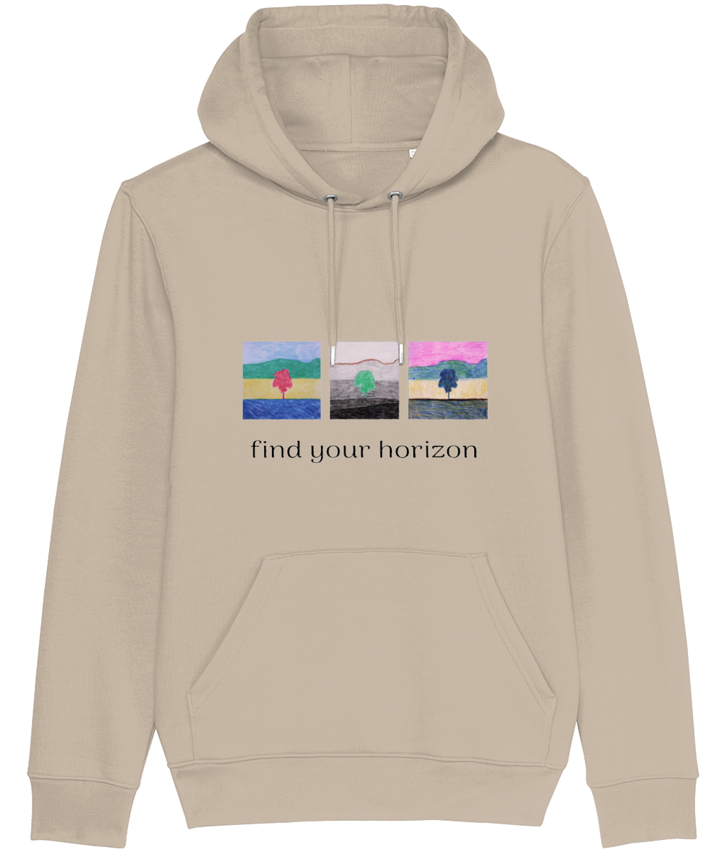 Find Your Horizon organic hoodie in Desert Dust – three landscapes with trees and horizons