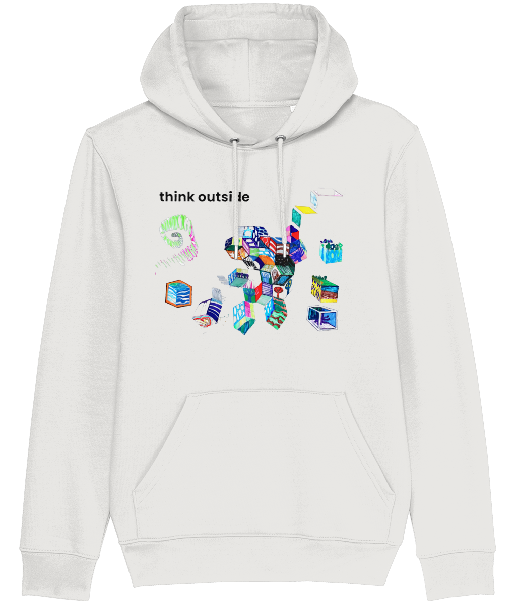 Think Outside organic cotton hoodie in White – hand-drawn cubes filled with trees, waves, stripes and night skies