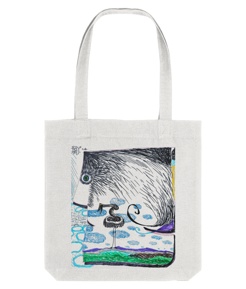 Wind recycled canvas tote bag in White – wind bending a tree over blue hills
