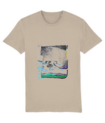 Wind organic t-shirt in Desert Dust – wind bending a tree over blue hills