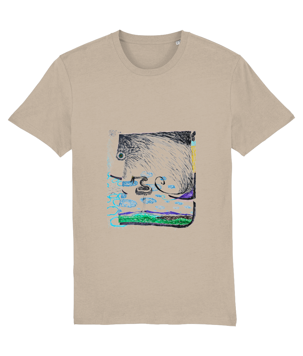 Wind organic t-shirt in Desert Dust – wind bending a tree over blue hills