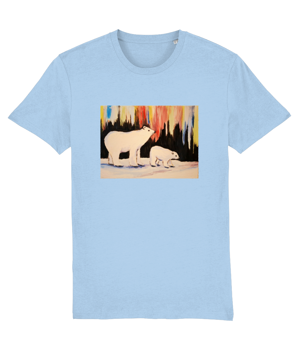 Bear Explorer organic t-shirt in Blue Soul – painting of two polar bears under northern-light colours