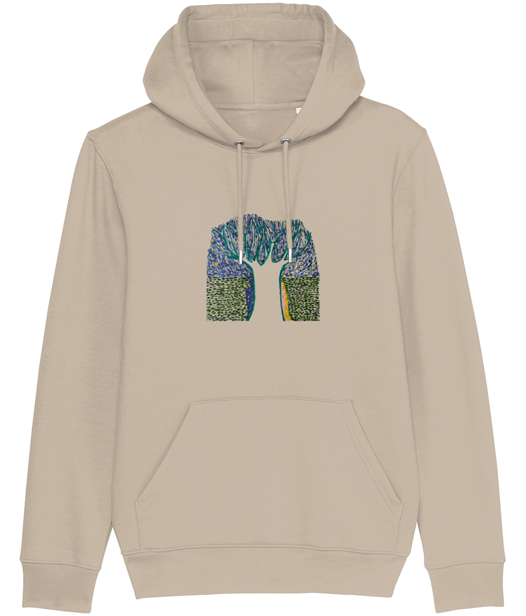 White Tree organic hoodie in Desert Dust – white tree rising out of a meadow