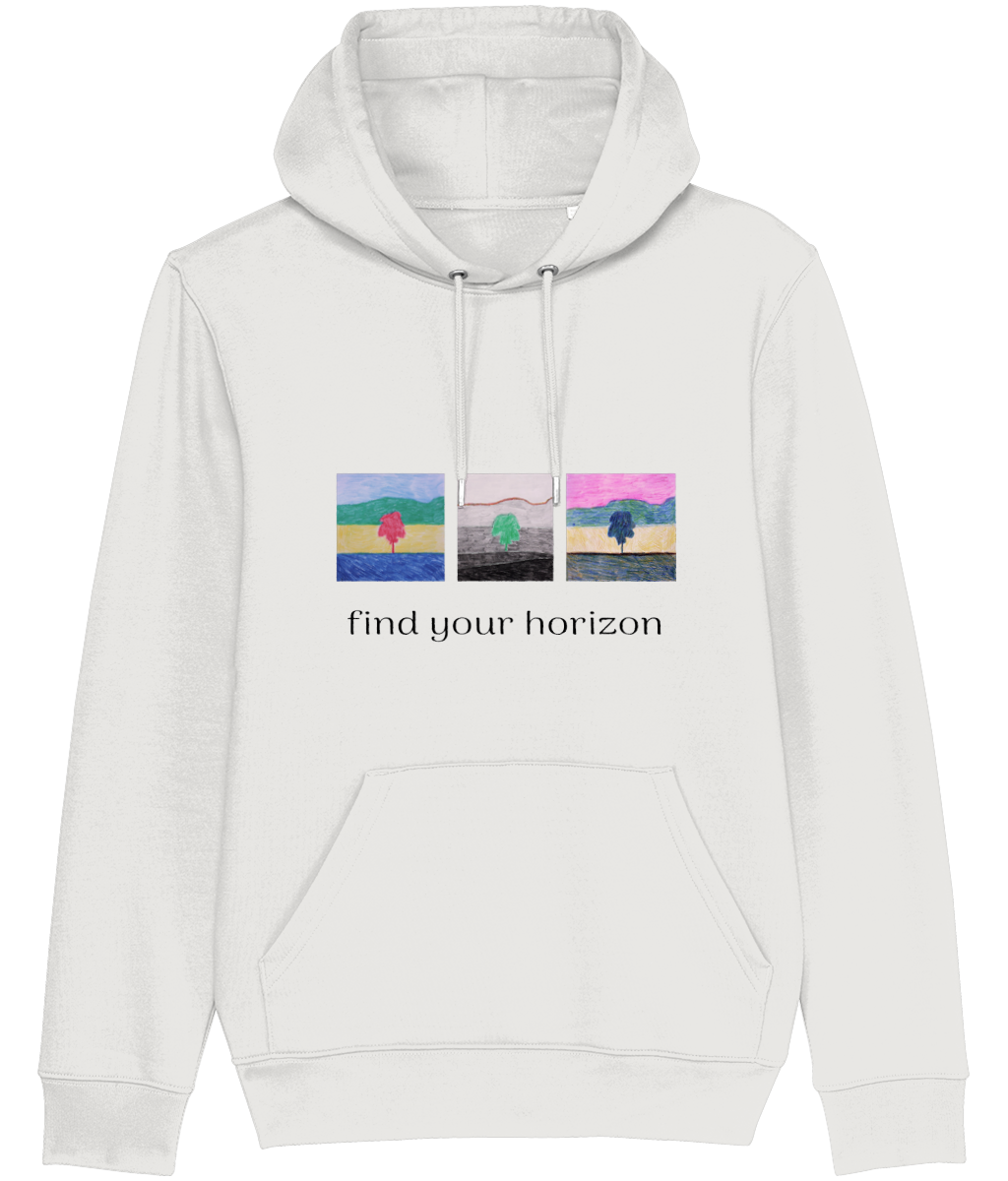 Find Your Horizon organic hoodie in White – three landscapes with trees and horizons