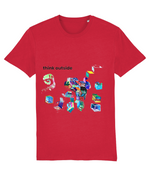 Think Outside organic cotton t-shirt in Red – hand-drawn cubes filled with trees, waves, stripes and night skies