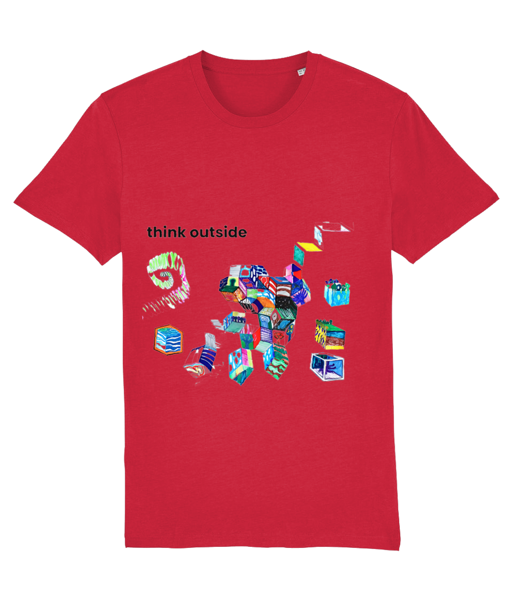 Think Outside organic cotton t-shirt in Red – hand-drawn cubes filled with trees, waves, stripes and night skies