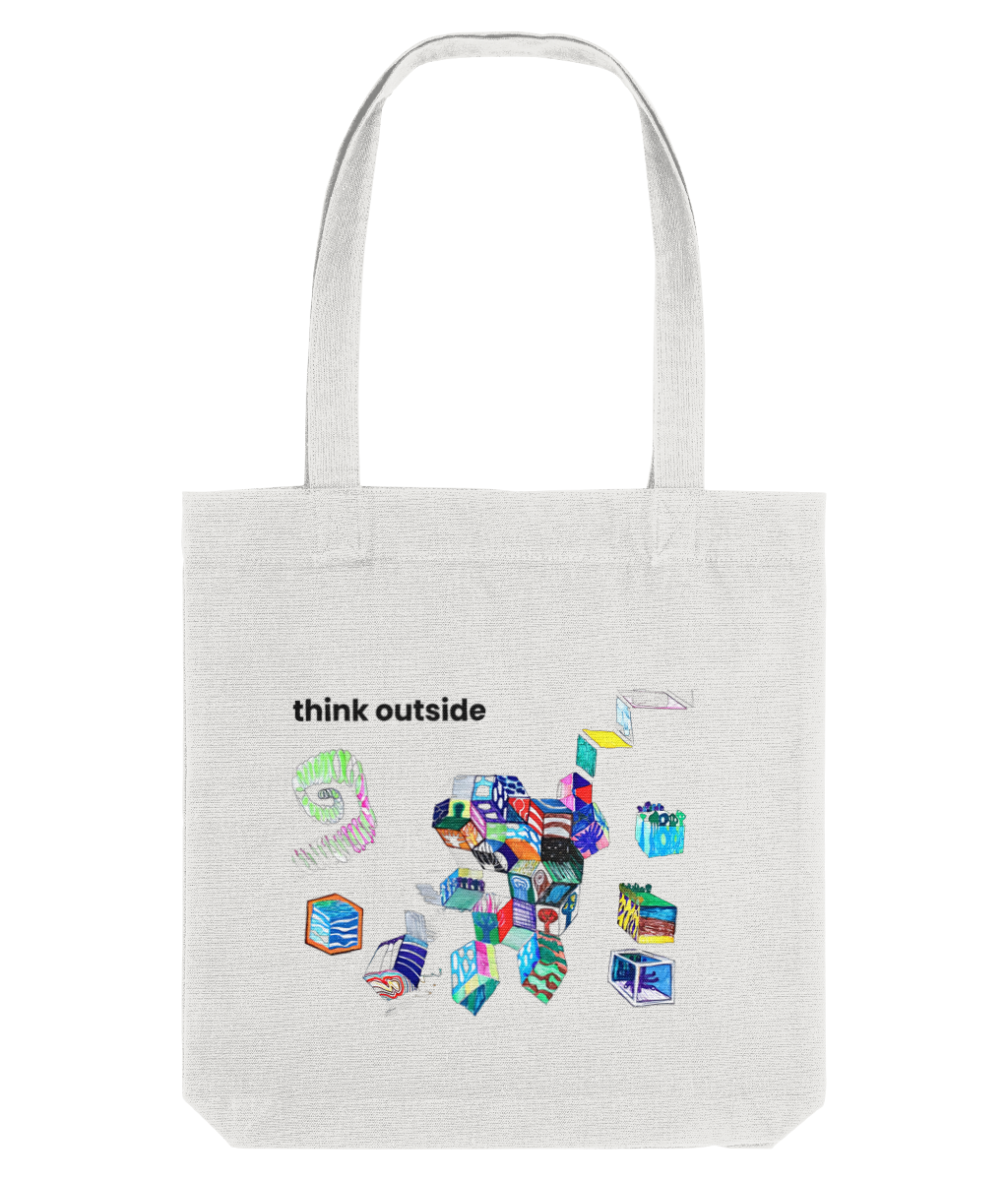 Think Outside recycled canvas tote bag in White – hand-drawn cubes pattern by Ivana Barišić Tomšić