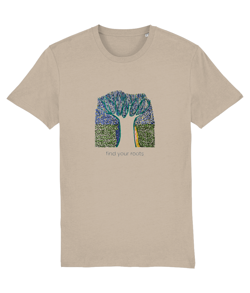 White Tree organic t-shirt in Desert Dust – white tree with the line find your roots