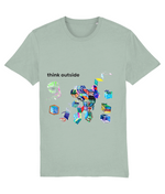 Think Outside organic cotton t-shirt in Aloe green – hand-drawn cubes filled with trees, waves, stripes and night skies