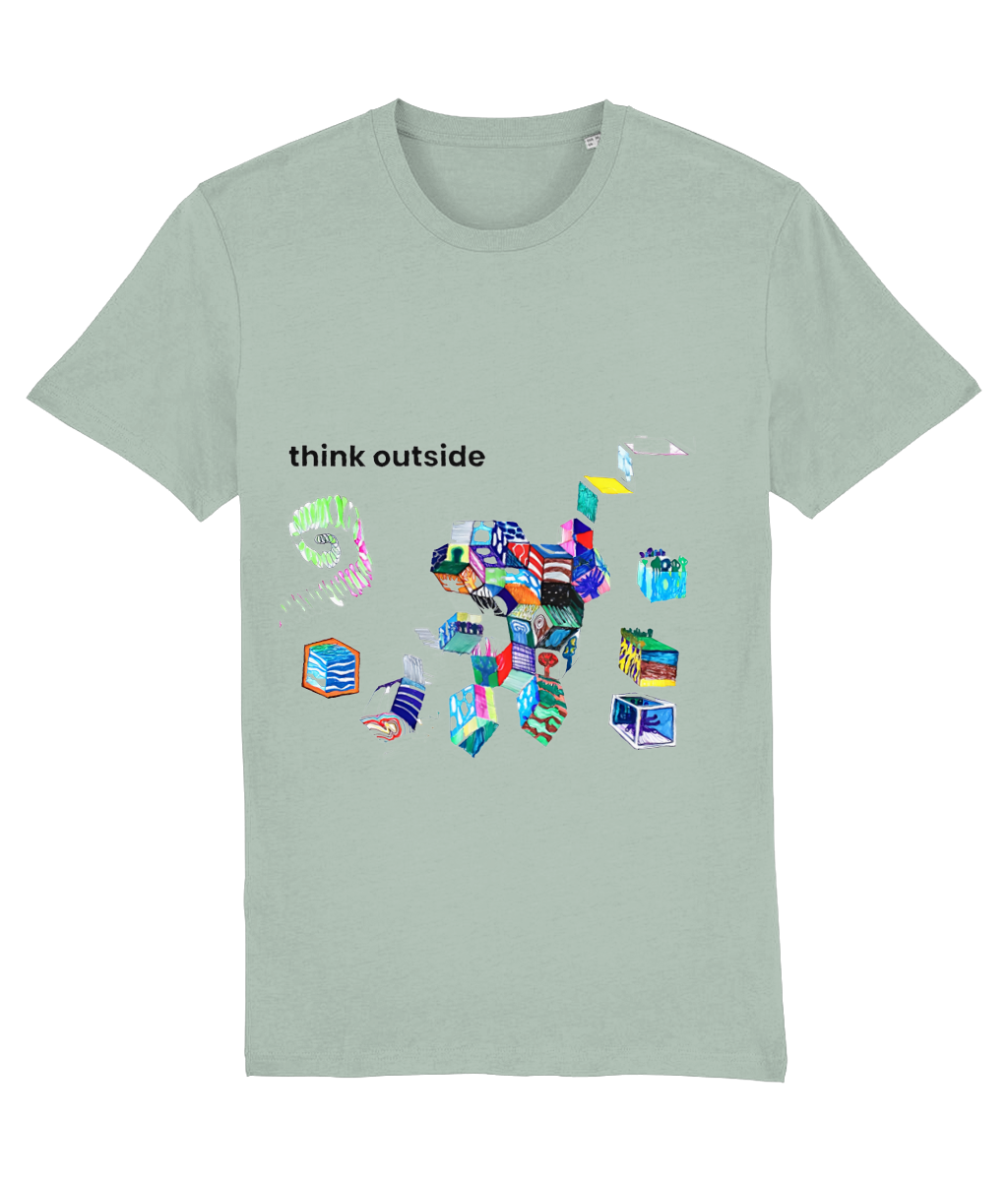 Think Outside organic cotton t-shirt in Aloe green – hand-drawn cubes filled with trees, waves, stripes and night skies