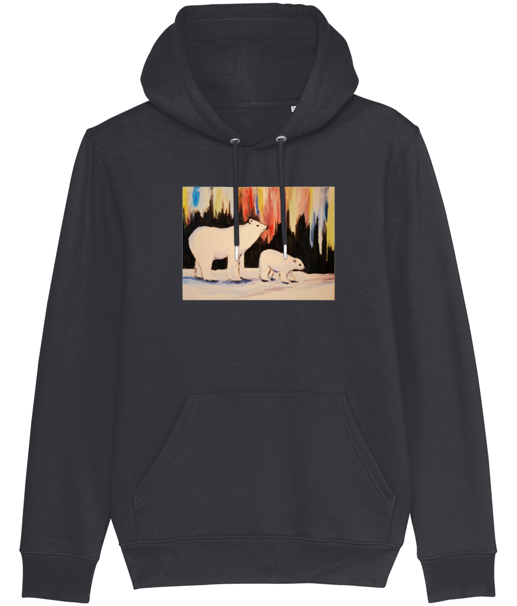 Bear Explorer organic hoodie in Black – painting of two polar bears under northern-light colours