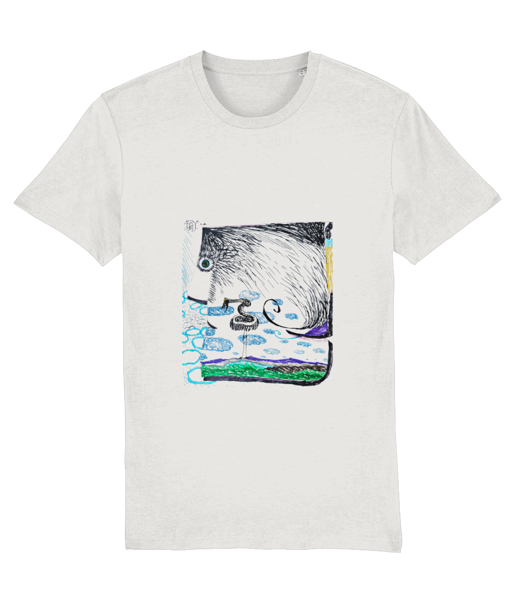 Wind organic t-shirt in White – wind bending a tree over blue hills