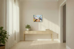 Family by the Christmas tree, 63 x 50 cm matte canvas print on a natural maple frame, shown at true scale above a console table