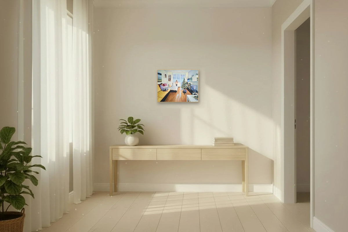 Family by the Christmas tree, 63 x 50 cm matte canvas print on a natural maple frame, shown at true scale above a console table