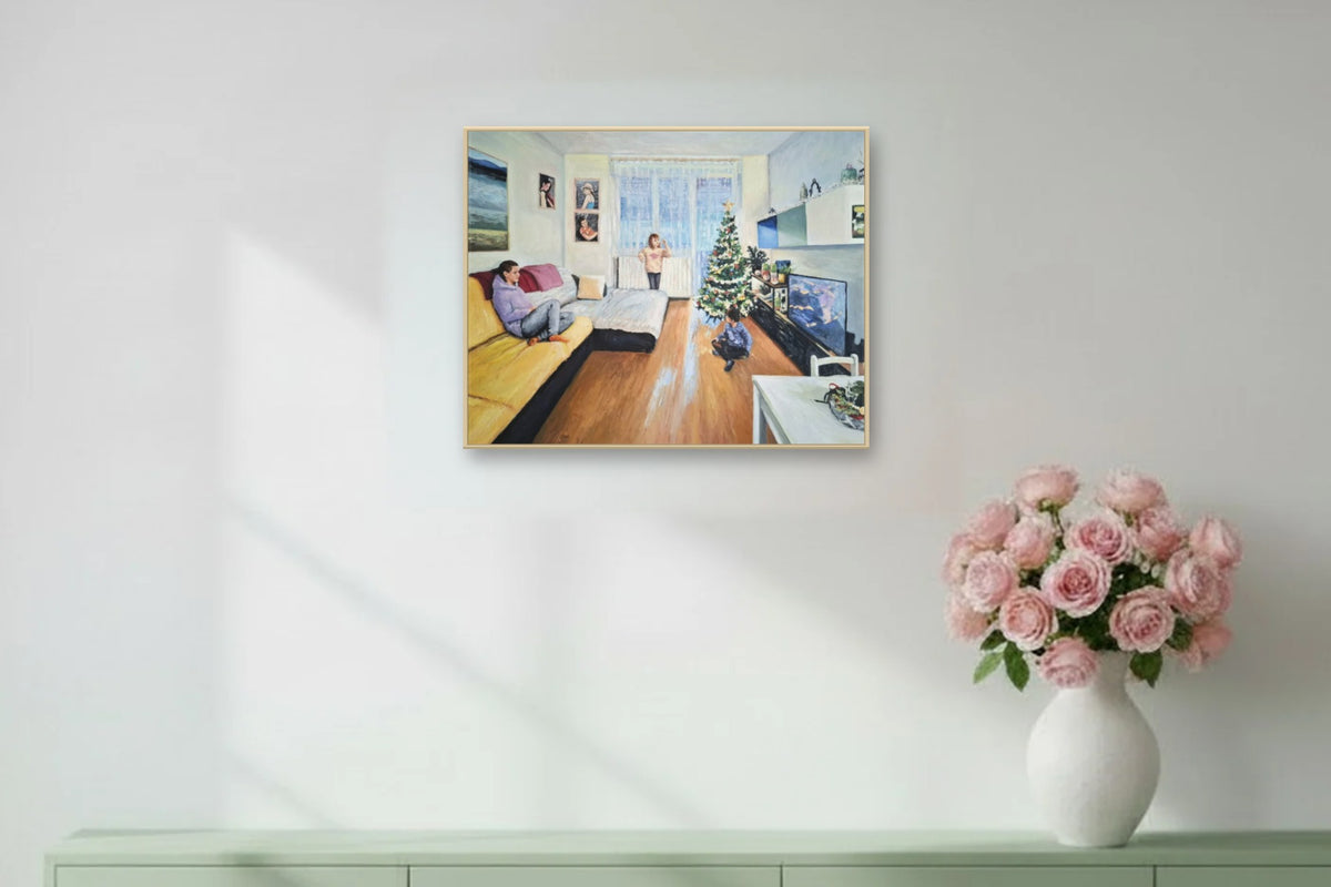Family by the Christmas tree, 75.6 x 60 cm matte canvas print on a natural maple frame, shown at true scale above a sideboard